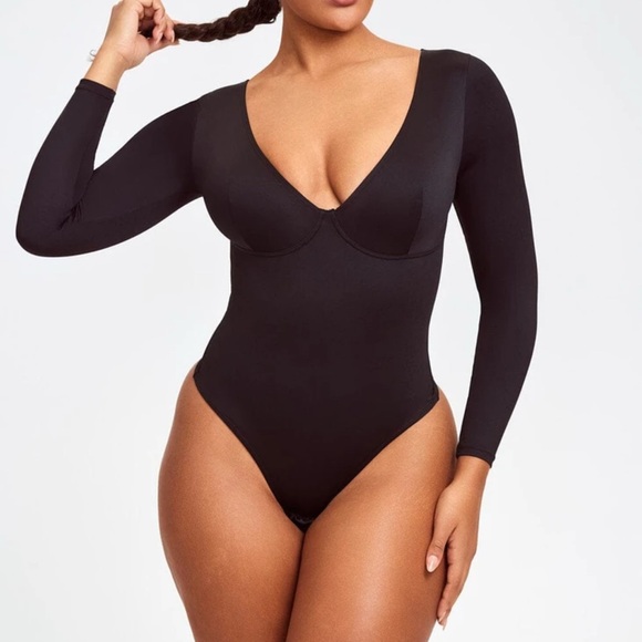 Sculpting Body Suit | Long Sleeve Plunge Thong - Picture 1 of 4